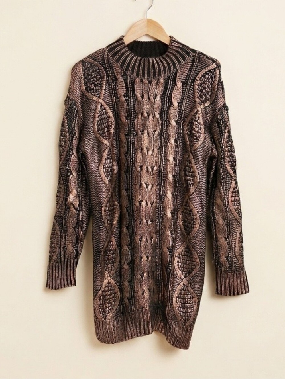 Baevely Metallic Bronze Black Cable Knit Sweater Dress Small NWT